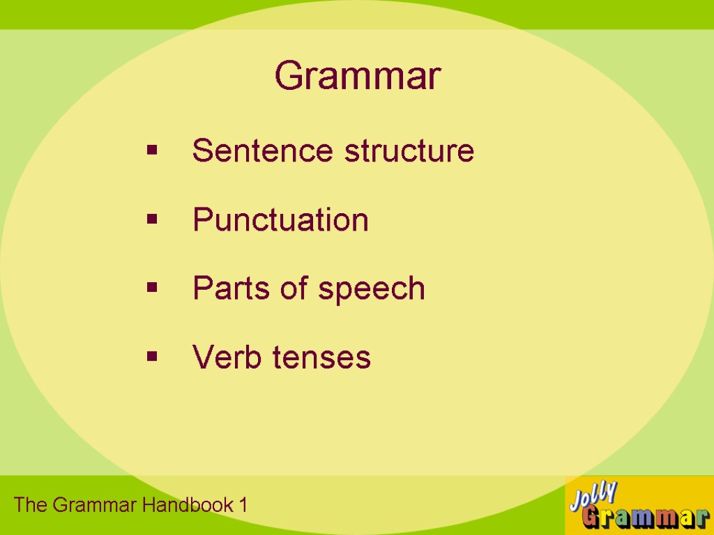 Grammar Sentence structure Punctuation Parts of speech Verb tenses The Grammar Handbook 1